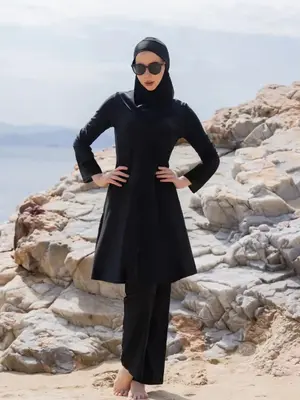 Women's Solid Color Modest Muslim Swimwear Set, Long Sleeve Top & Pants & Hat, Ladies Islamic Swimsuit for Beach Holiday Vaca...