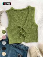 Women's Solid Tie Front Sweaters Vest, Casual Crochet Sleeveless Vneck Top for Summer, Ladies Clothes for Daily Wear, Sweater...