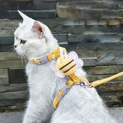 Cat Harness Leash Collar Set Adjustable Mesh Dog Harness Vest Cartoon Bee Dog Harness for Small Medium Pet Leash Outdoor Walk...