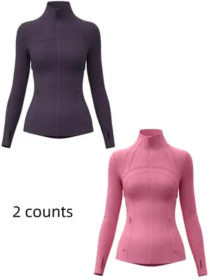 Women's Solid Zip Up Thumb Hole Sports Jacket, Breathable Long Sleeve Stand Collar Outerwear for Gym Workout Running, Ladies ...