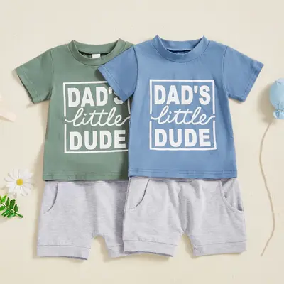 Kids Infant Toddler Baby Boy Summer Outfit Letter Printed Short Sleeve T-Shirt Tops and Solid Shorts Clothes 2PCS Set