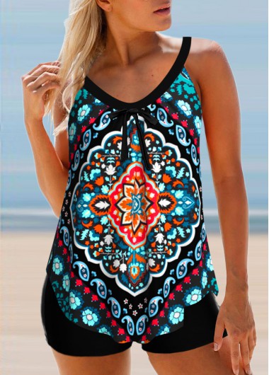 Modlily Tribal Print Multi Color Bowknot Tankini Top - S