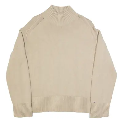 TOMMY HILFIGER Oversized Womens Jumper Beige High Neck Tight Knit Wool S