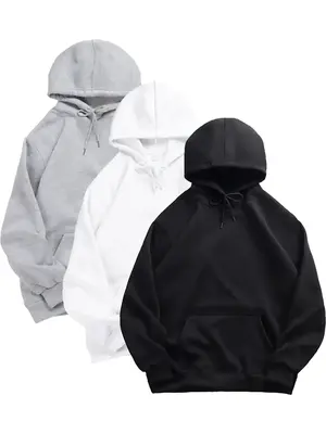 Men's Drawstring Longsleeves Hoodie, Casual Loose Solid Pocket Warm Hooded Sweatshirt, Drippy Outfits, Unisex Essentials Ho...