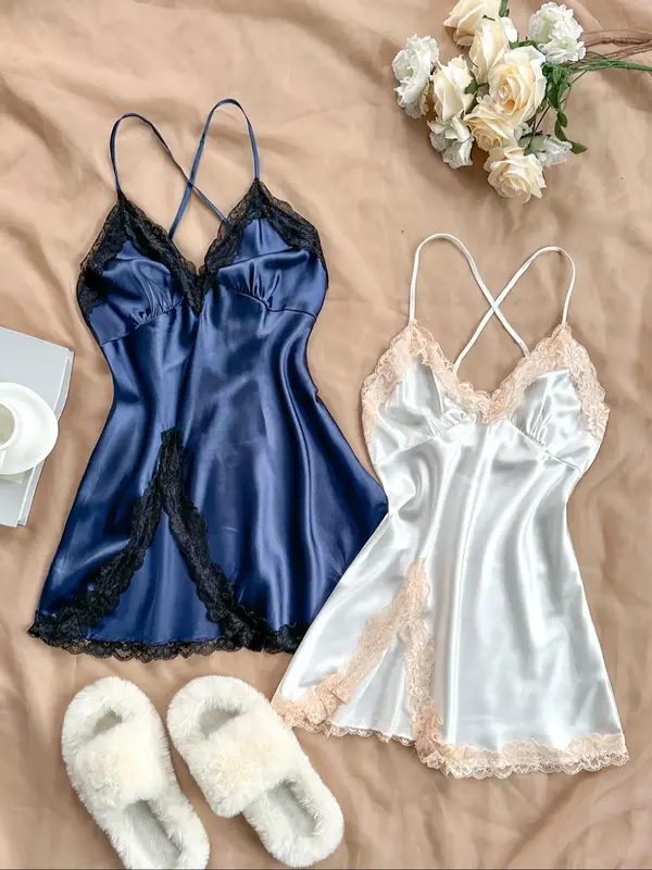Women's Contrast Lace Backless Satin Cami Nightdress, Comfort Basic Criss Cross Tie Back Sleeveless Nightgown, Summer Sleepwe...