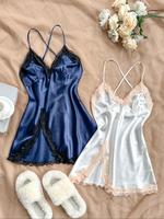 Women's Contrast Lace Backless Satin Cami Nightdress, Elegant Comfort Basic Criss Cross Tie Back Sleeveless Nightgown Sleep D...