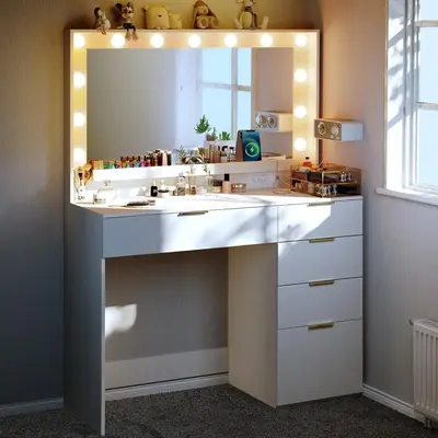 Makeup Vanity Desk with Large Mirror and 13 LED Lights, 39.3in Vanity Table with Power Outlet & 5 Drawers, 3 Lighting Color A...