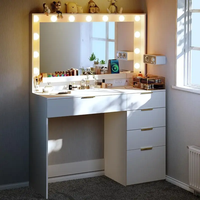 Makeup Vanity Desk with Large Mirror and 13 LED Lights, 39.3in Vanity Table with Power Outlet & 5 Drawers, 3 Lighting Color A...