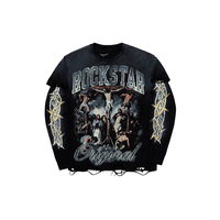 Waller Black Double Layer Long Sleeve Graphic T-Shirt