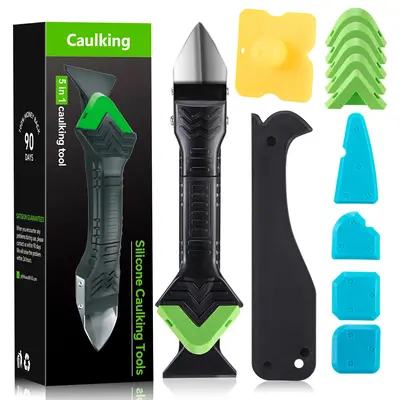 Silicone Caulking Tool 5 in 1 - Sealant, Grout Removal Tool, Grout Scraper, 6 Exchange Silicone Pads, Seam Repair Tool Kit fo...