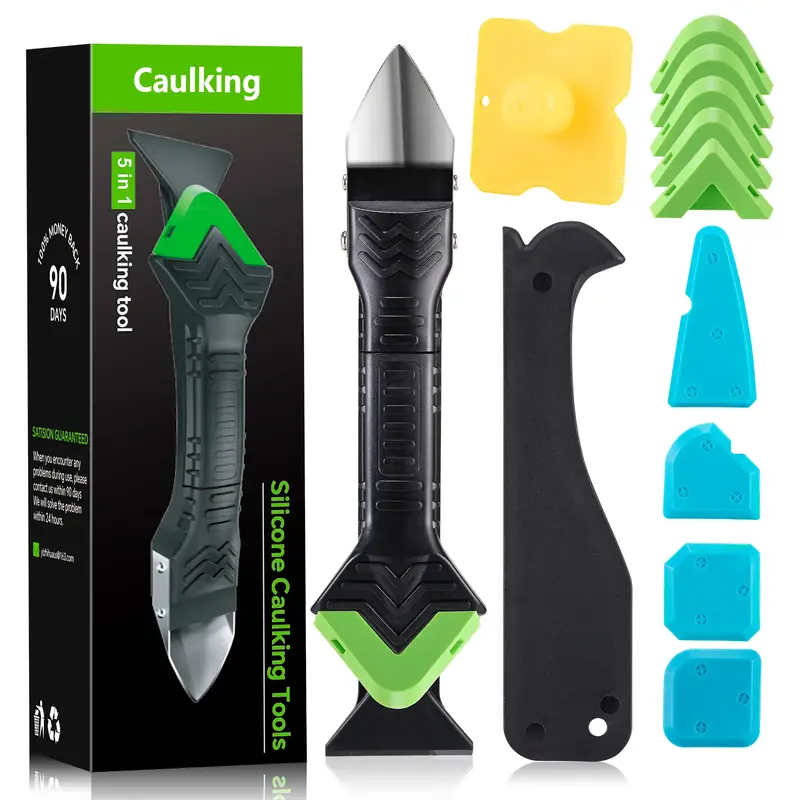 Silicone Caulking Tool 5 in 1 - Sealant, Grout Removal Tool, Grout Scraper, 6 Exchange Silicone Pads, Seam Repair Tool Kit fo...