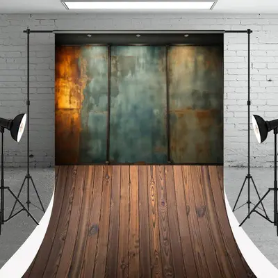 Retro Rusty Metal Texture Wall Wood Floor Photo Backdrop