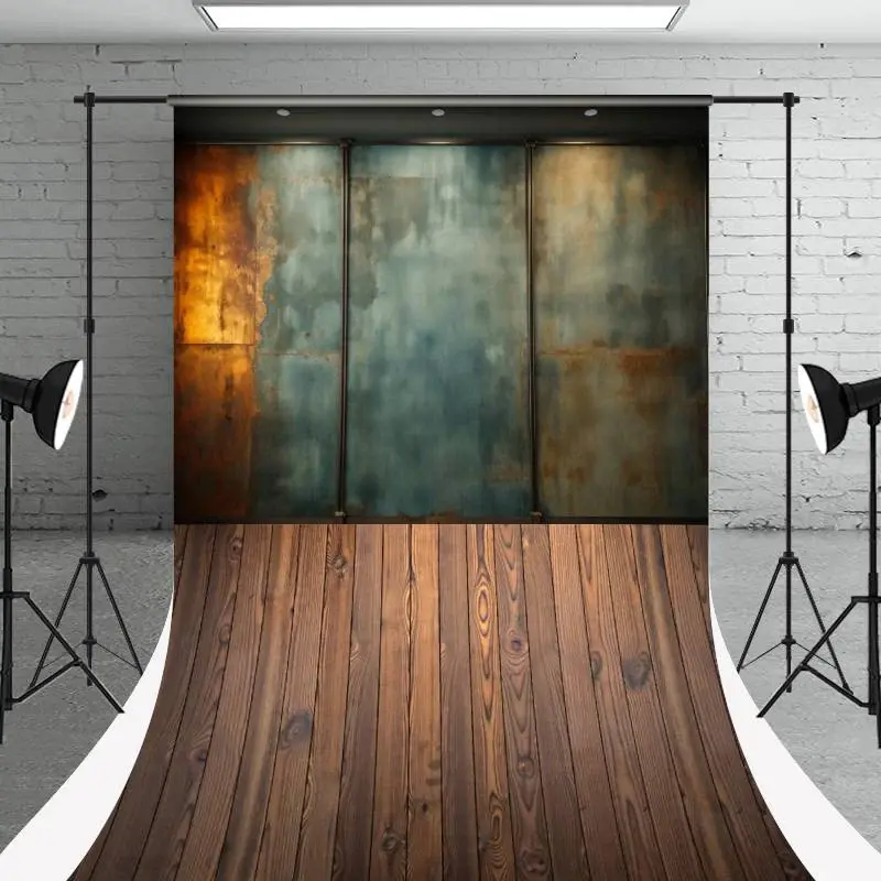 Retro Rusty Metal Texture Wall Wood Floor Photo Backdrop