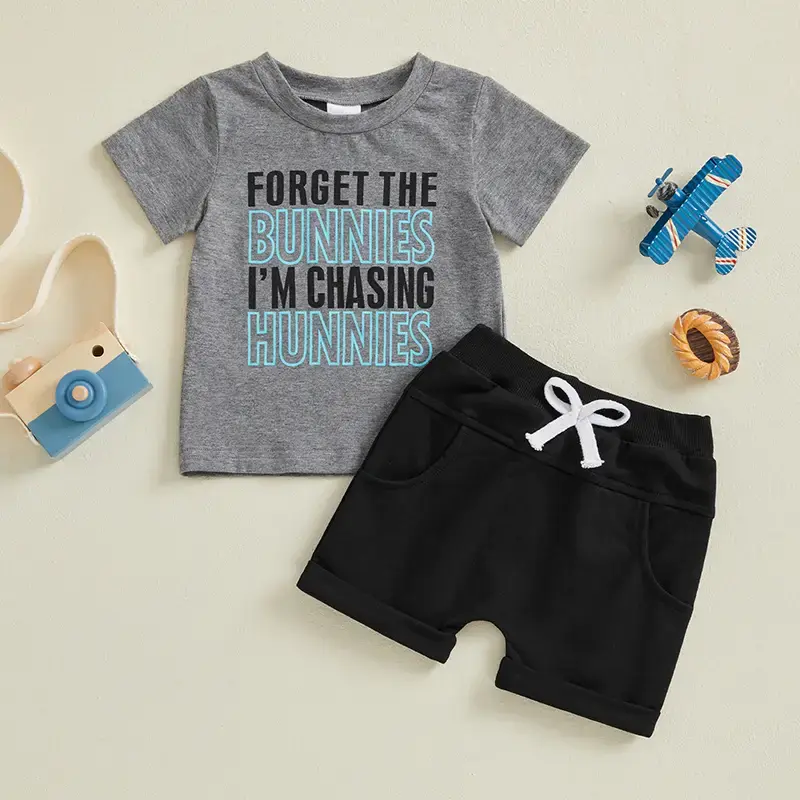 Toddler Boys Easter Outfits Letter Pattern Round Neck Short Sleeve T-Shirts Elastic Waist Shorts 2Pcs Clothes Set