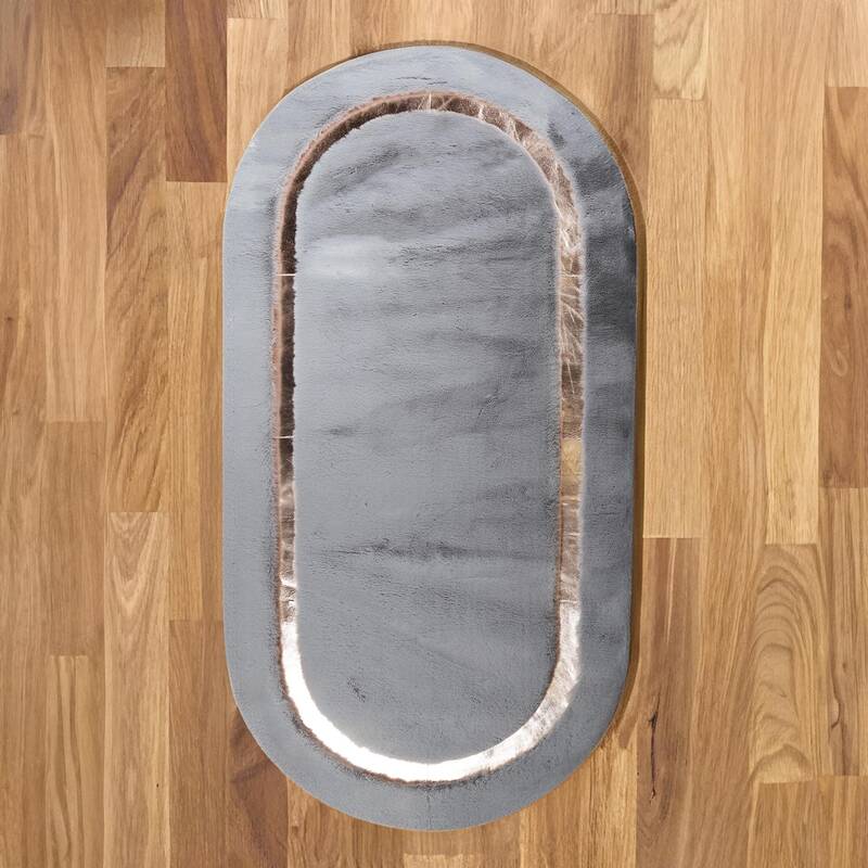 Gray & Rose Gold Frame Oval Plush Rug