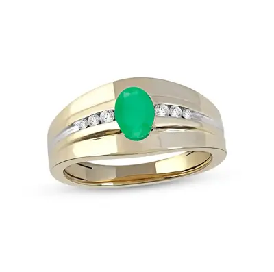 10K Two-Tone Gold Oval Cut Emerald and 0.15 CT. T.W. Diamond Tri-Sides Grooved Band for Men