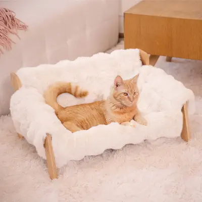 Elevated Pet Couch Bed, Wooden Cat and Small Dog Sofa, Removable Washable Fluffy Cover Raised, Kitty Lounge Chair Suitable fo...