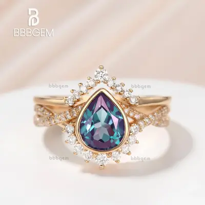 Vintage Pear Shaped Alexandrite Moissanite Engagement Ring Set