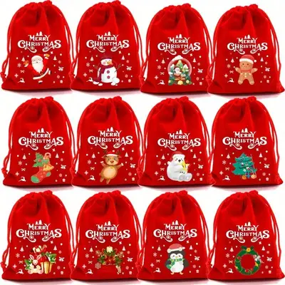 Christmas Themed Drawstring Gift Bag, 6/12pcs Reusable Soft Velvet Gift Bag, Candy Bag for Christmas, Party, Birthday, School...