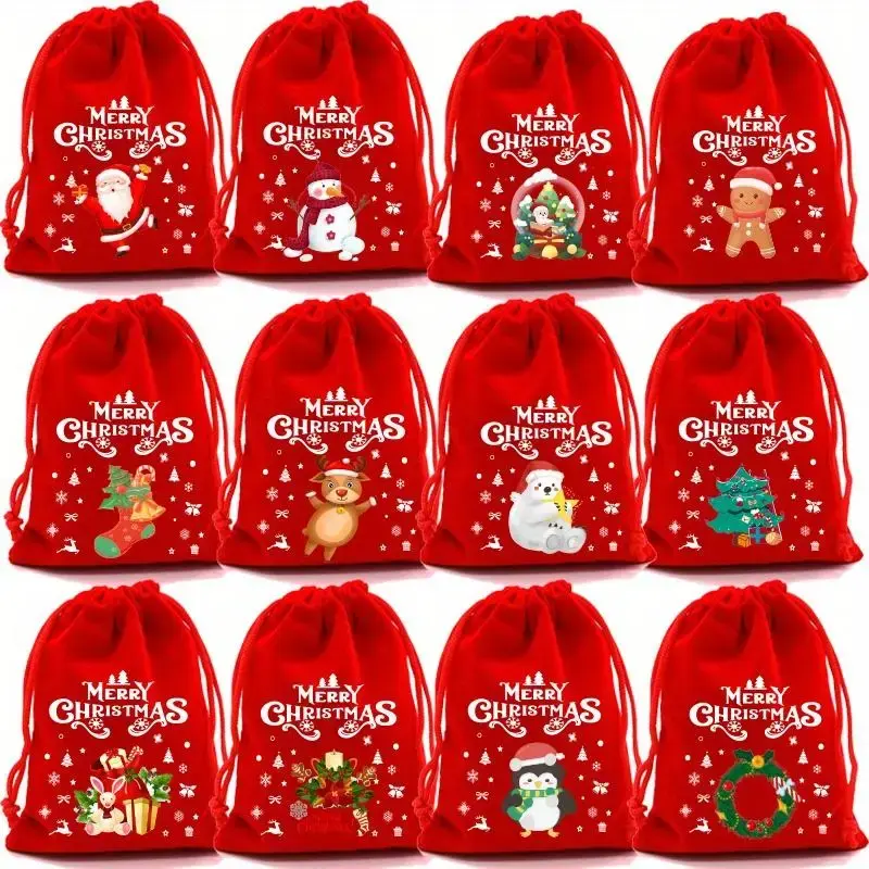 Christmas Themed Drawstring Gift Bag, 6/12pcs Reusable Soft Velvet Gift Bag, Candy Bag for Christmas, Party, Birthday, School...