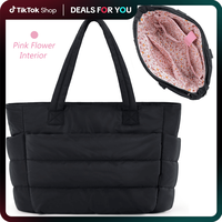 CozyLoucia Large Puffer Tote Bag for Women Flower Print Interior Laptop Shoulder Handbag, Lightweight Pink Flower Interior Wo...