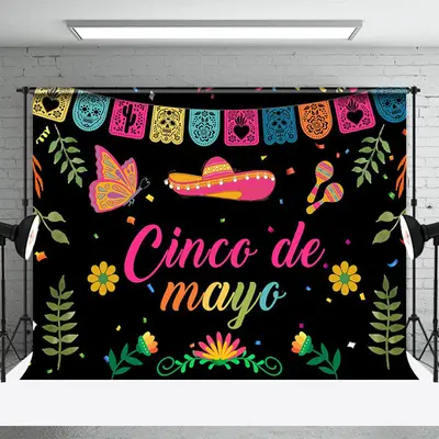 Leaves Black Pink Cinco De Mayo Mexican Fiesta Backdrop - Aperturee