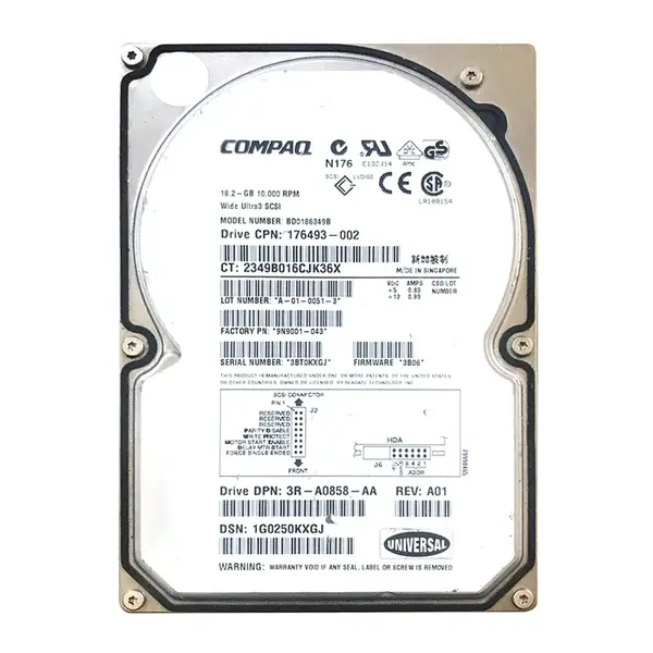 176493-002 HP 18.2GB Wide Ultra3 SCSI 10000 3.5-inch Hard Drive