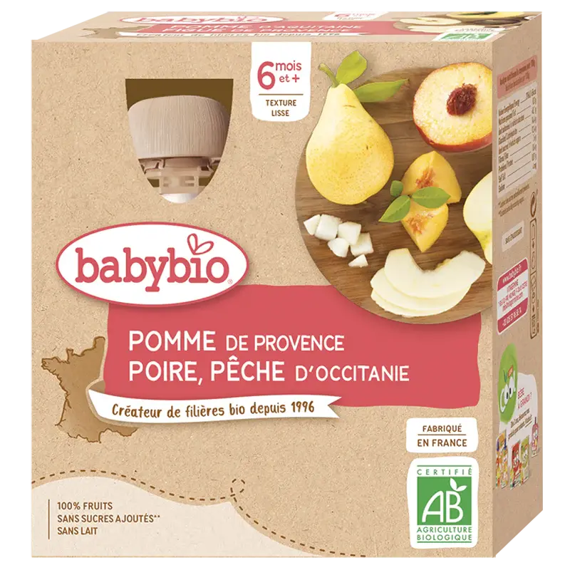 Babybio Fruit Bottles - 6 months and more - Apple, Pear, Peach - BIO 4x90 g