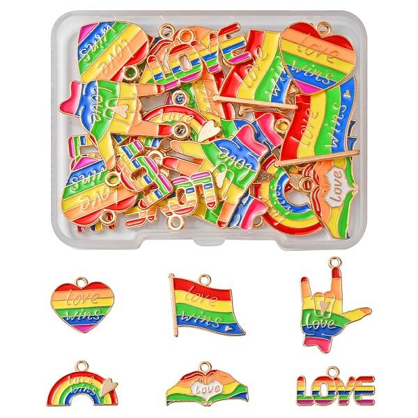 24Pcs 6 Styles Rainbow Color Alloy Enamel Pendants