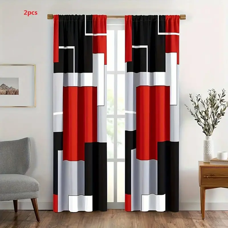 Minimalist Geometric Pattern Curtain, 2pcs/set Decorative Curtain, Window Drapes for Home Living Room & Bedroom Decor