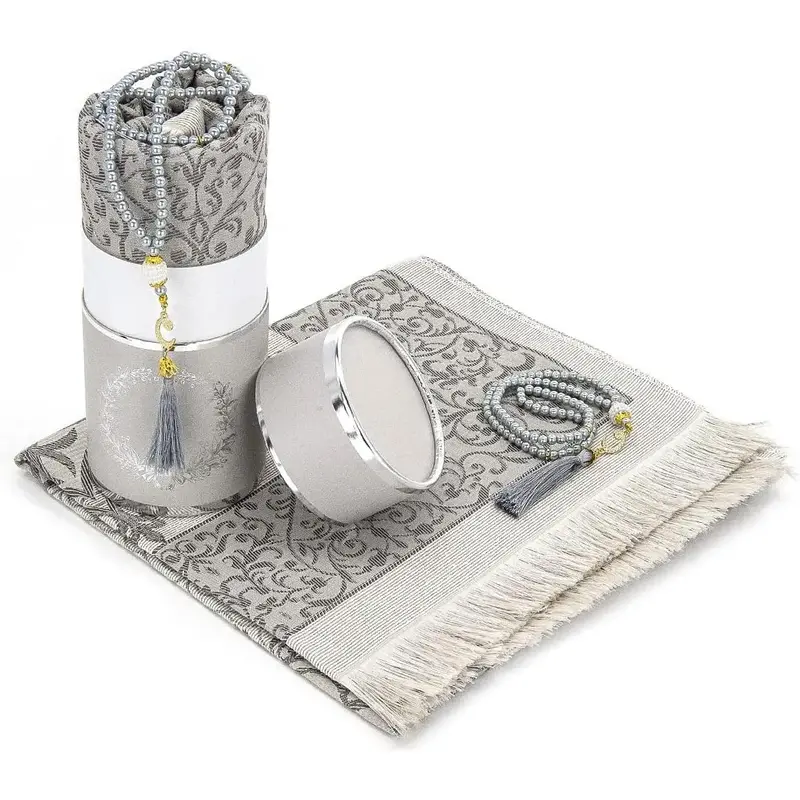 Muslim Prayer Rug and Prayer Beads with Elegant Cylinder Gift Box | Janamaz | Sajadah | Soft Islamic Prayer Rug | Islamic Gif...
