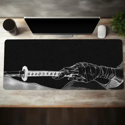 Japanese Katana Pattern Mouse Pad, Rectangle Gaming Mouse Pad, Office Desk Keyboard Mat with Non-Slip Rubber Base Stitched E...