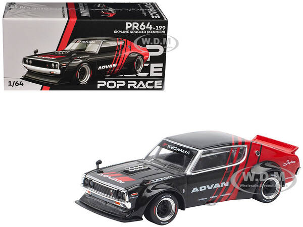 Skyline KPGC110 Kenmeri RHD (Right Hand Drive) ADVAN Black and Red 1/64 Diecast Model Car by Pop Race