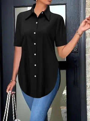 Women's Plain Curved Hem Button Shirt, Casual Short Sleeve Top for Summer, Ladies Clothes for Daily Wear