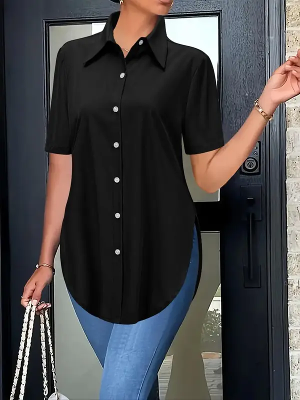 Women's Plain Curved Hem Button Shirt, Casual Short Sleeve Top for Summer, Ladies Clothes for Daily Wear