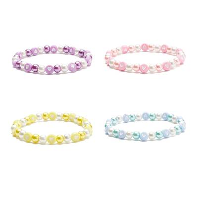Acrylic Heart & Glass Pearl Beaded Stretch Bracelet for Women