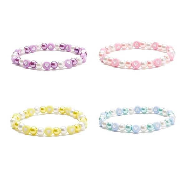 Acrylic Heart & Glass Pearl Beaded Stretch Bracelet for Women