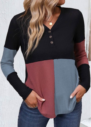 Modlily Black Patchwork Long Sleeve V Neck T Shirt - M