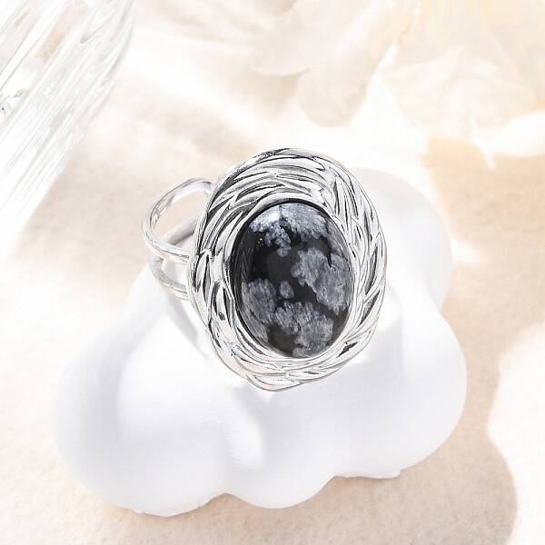 Oval Natural Snowflake Obsidian Finger Rings