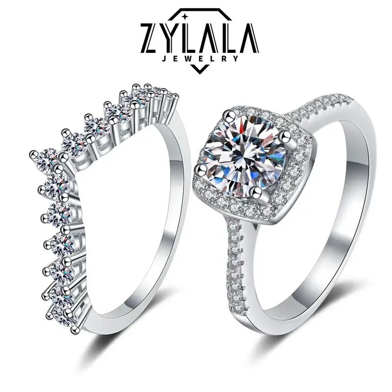 [178] 0.5/1.0/2.0ct Luxurious Square Synthetic Moissanite Ring + Synthetic Moissanite V Band 925 Sterling Silver Promise Ring...