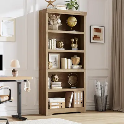 Garvee 5 Tier Bookshelf, 69 Tall Farmhouse Bookcase with Adjustable Shelves, 31.5 W Floor Standing Open Display Storage Rac...