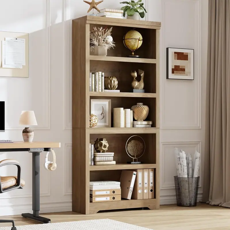 Garvee 5 Tier Bookshelf, 69 Tall Farmhouse Bookcase with Adjustable Shelves, 31.5 W Floor Standing Open Display Storage Rac...