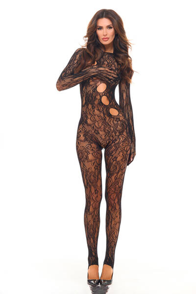 Split Up Lace Bodystocking - Black - Os