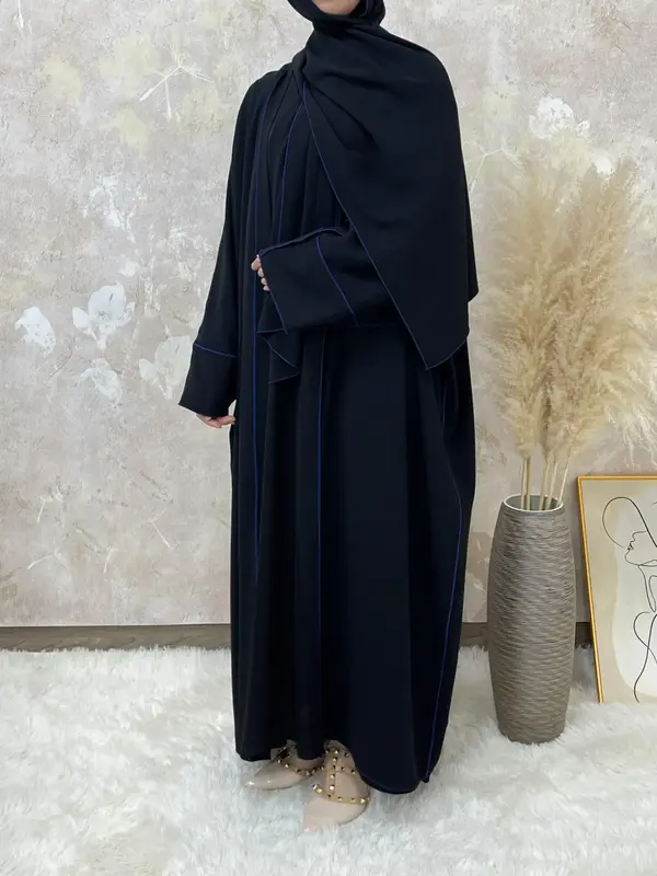 Arabic Clothing-Solid Contrast Binding Belted Abaya With Hijab Without Inner Dress, Modest Batwing Sleeve Open Front Abaya, S...