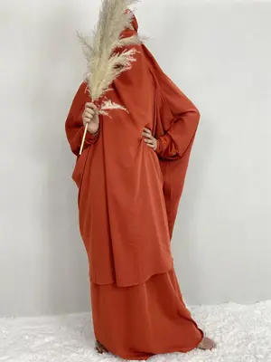 Women's Plain Knot Hooded Batwing Sleeve Abaya & Maxi Dress Set, Modest Two-piece Muslim Outfits for Daily Wear, Islamic Clot...