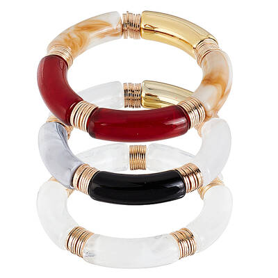 3Pcs 3 Colors Acrylic Curved Tube Beaded Stretch Bracelets Set for Women