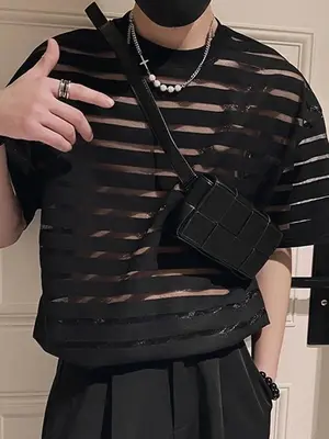INCERUN Mens Mesh Sheer Short Sleeve Tops T-shirt Casual Loose Shirt Blouse Plus