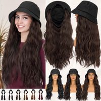 18 inch Bucket Hat Wig Long Natural Wavy Hair Extensions Cap with Hair Attached for Women With Hat Heat Resistant Synthetic F...