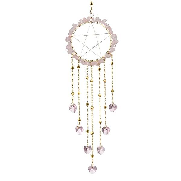Wire Wrapped Natural Rose Quartz Chips Ring Hanging Ornaments