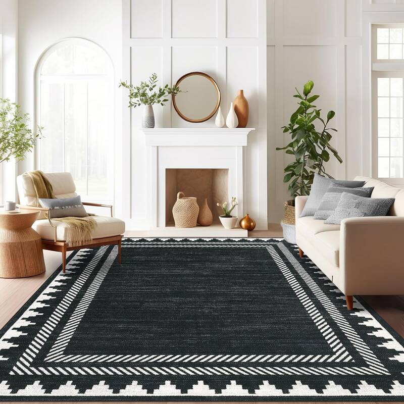 Garvee Washable Area Rug 8x10 Modern Neutral Living Room Rug Black Non Slip,Border Geometric Carpet for Bedroom,Soft Non Shed...